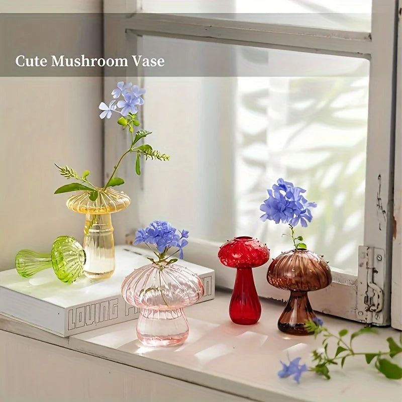 5 Colors Plant Mushroom Glass Vase, Mini Plant Glass Container, Unique Small Glass Vase, Home Christmas Halloween Decoration
