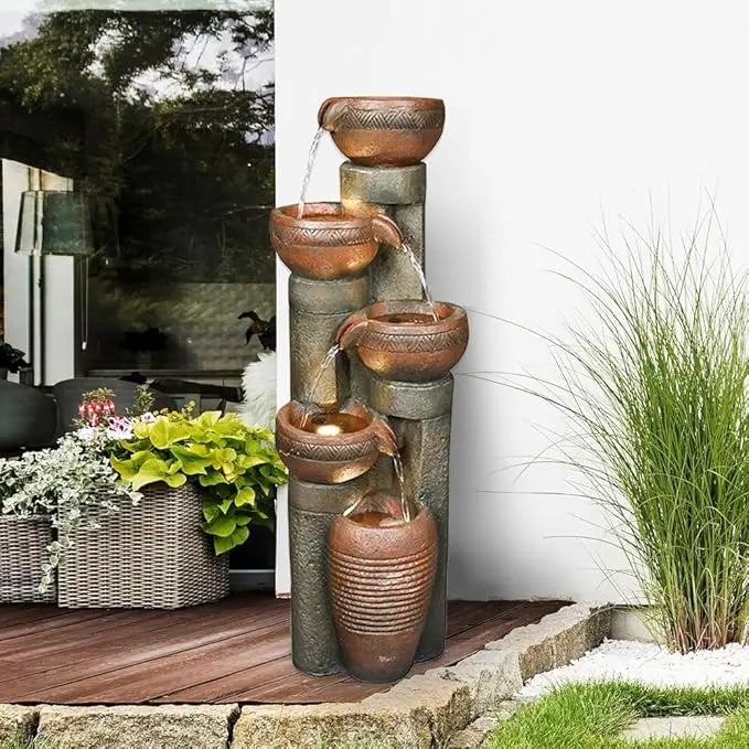 Outdoor Garden Water Fountain-Indoor Polyresin Waterfall Floor-Standing Fountains with LED Lights for Garden, Outdoor Fountain