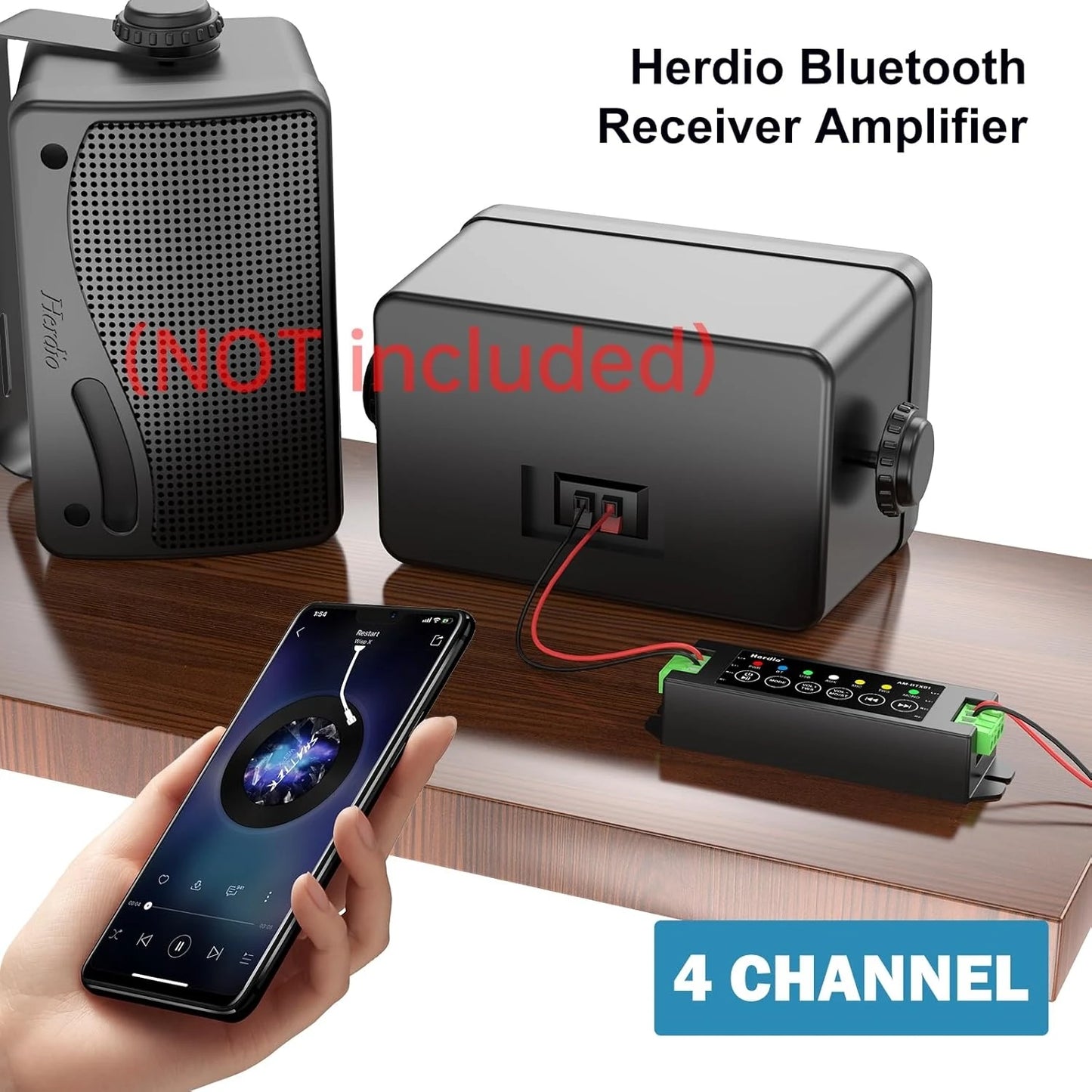 Herdio 4-Channel Bluetooth Amplifier 200W Power Output With 24V5A AC-DC Power Supply Wall Mount USB/MIC/AUX For Passive Speakers