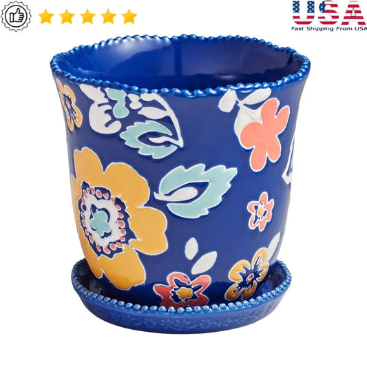 Magic Meadows 6 Inch Round Ceramic Pot Vintage Floral Design Home Garden Container Decorative Planter with Drainage Holes