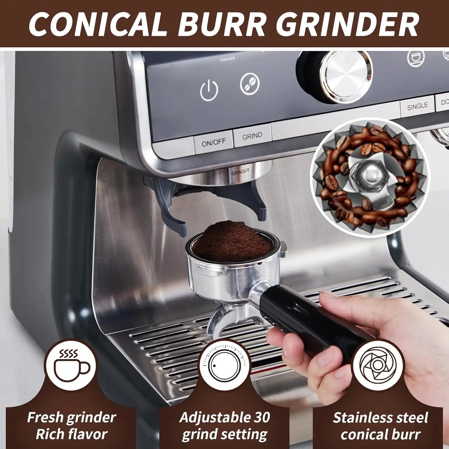 Espresso Machine With Grinder 20 Bar Steam Frother 1450W