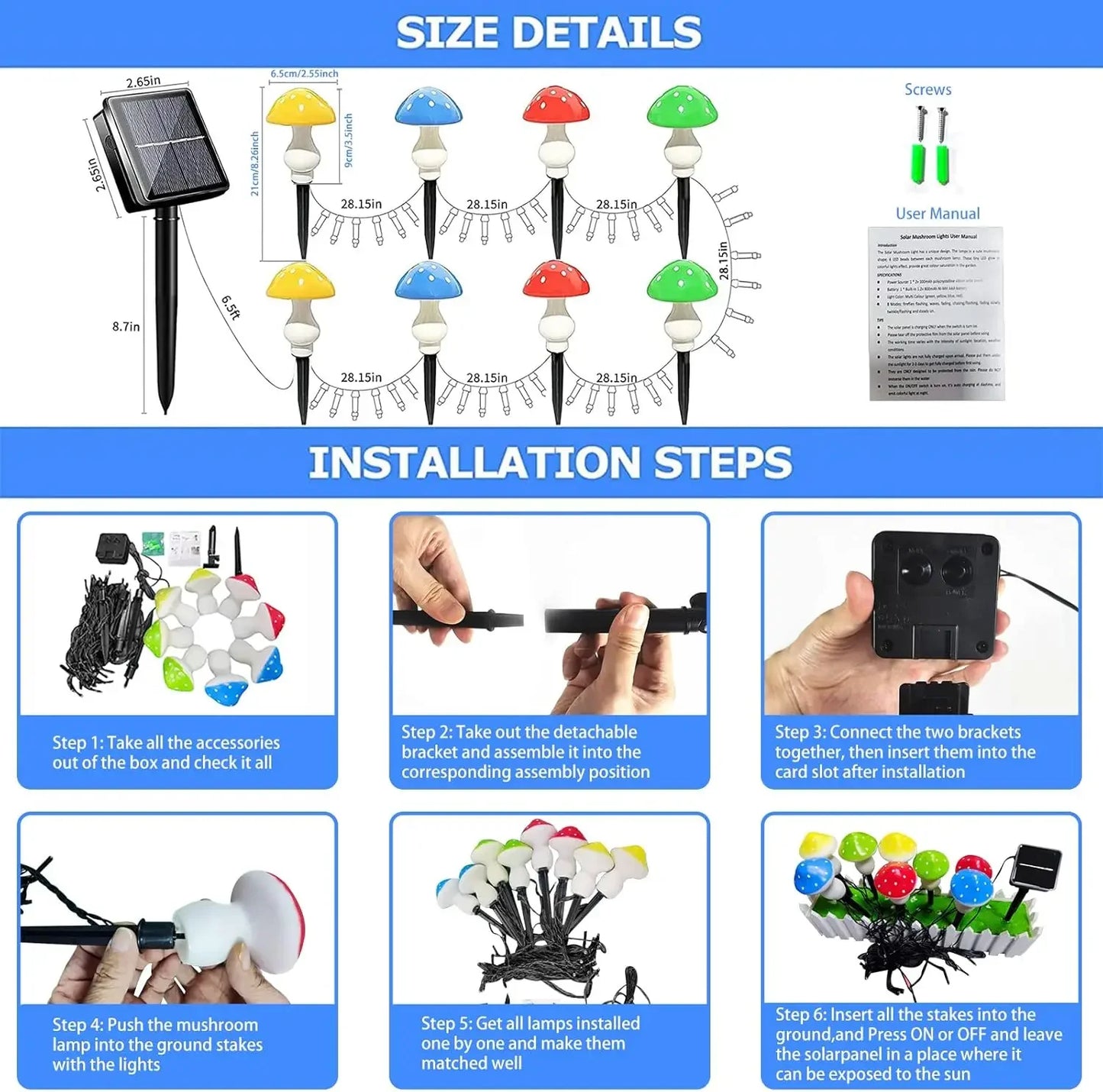 8pcs/set Outdoor Mushroom Solar Garden Lights 50 LED 8 Modes Waterproof   Fairy String Light for Yard Patio Outside Decor