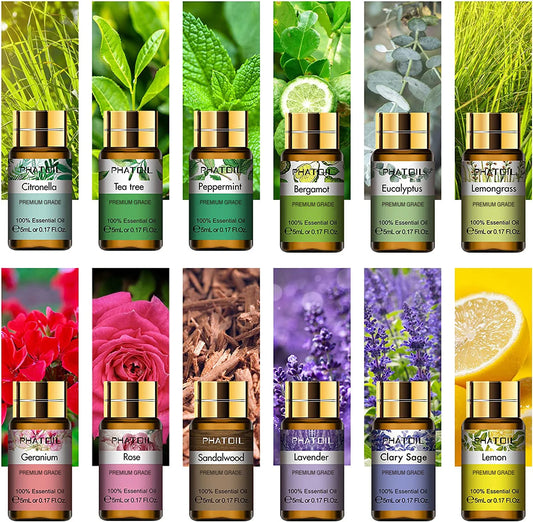 PHATOIL 12pcs Gift Box Pure Natural Essential Oils for Humidifiers Diffuser Massage Spa Lavender Lemongrass Tea Tree Citronella