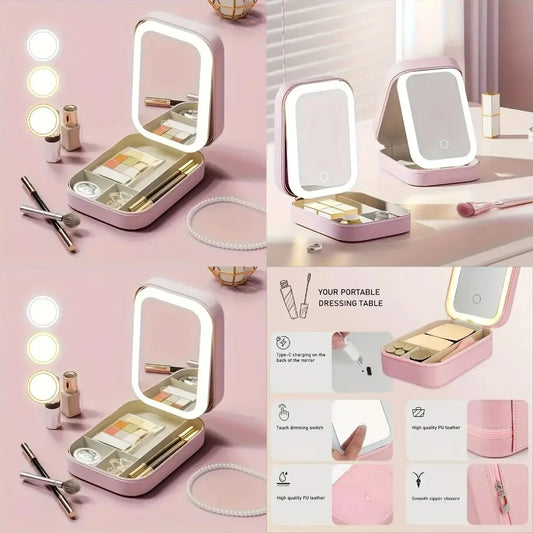 Portable USB Rechargeable LED Makeup Mirror, Pink Faux Leather Foldable Travel Cosmetic Organizer, Compact Beauty Case for Stude