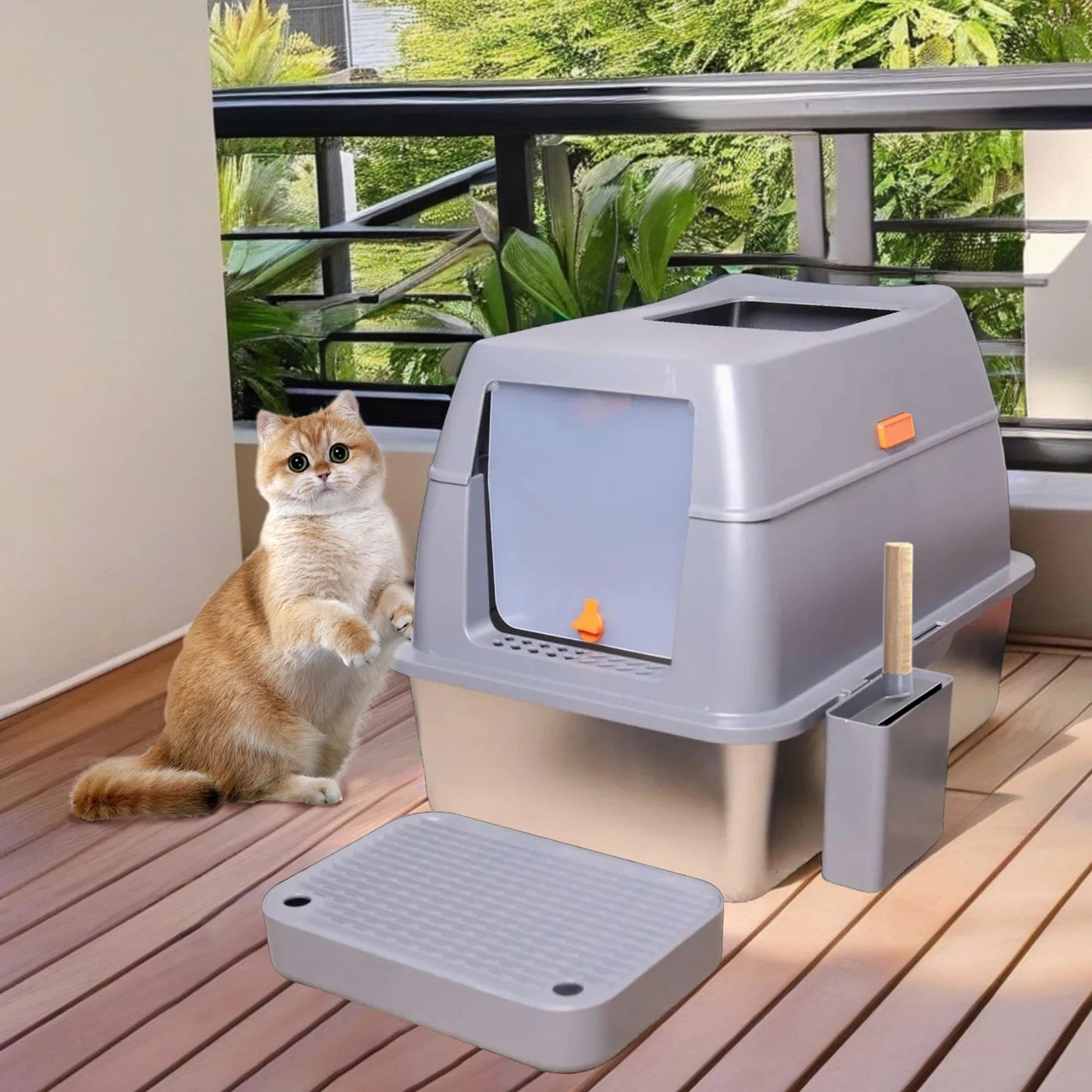 Enclosed Stainless Steel Cat Litter Box with Lid for Extra Large Cats Kitty Semi-open Design