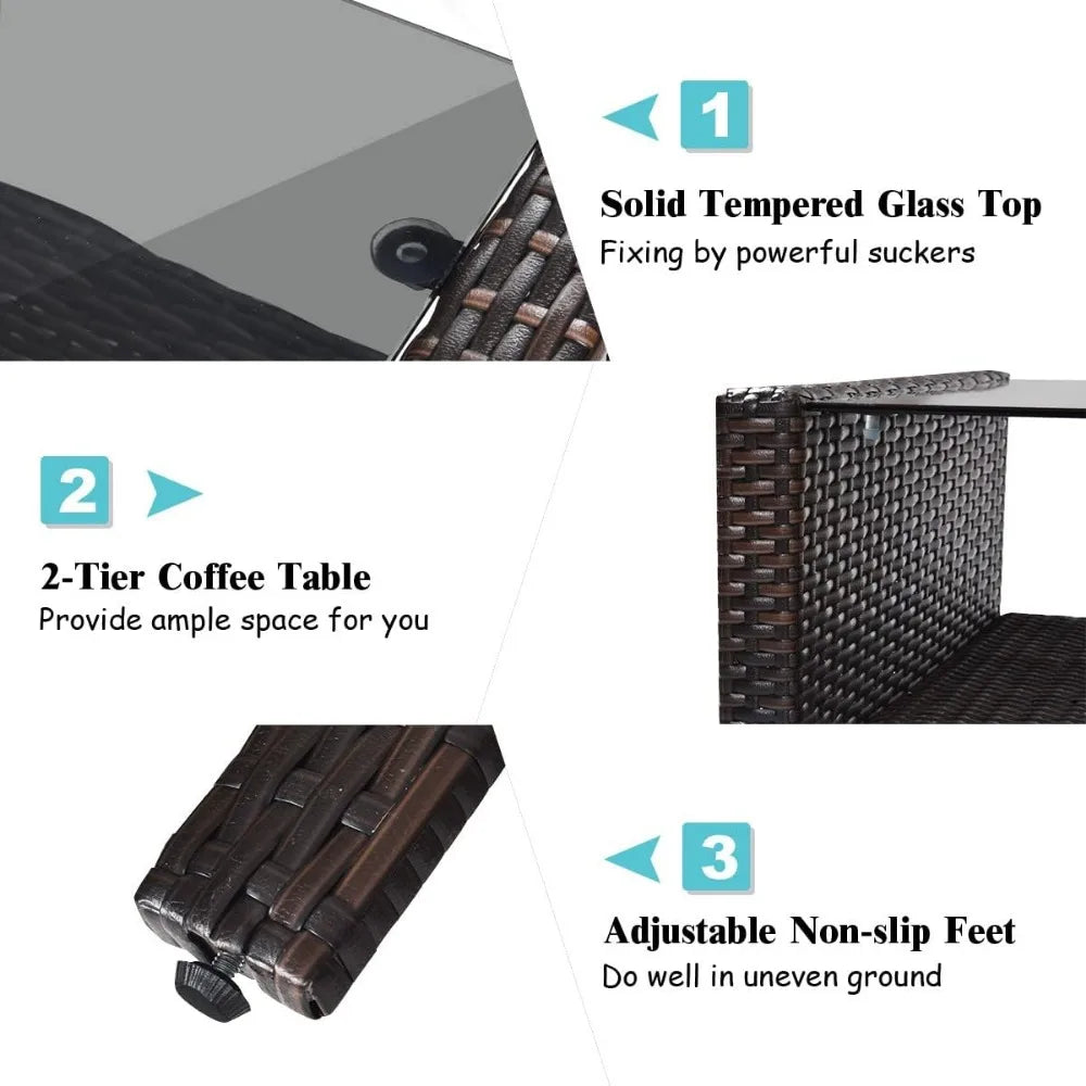 4 Pieces Rattan Patio Conversation Set with Chairs Loveseat Cushions and Glass Top Coffee Table