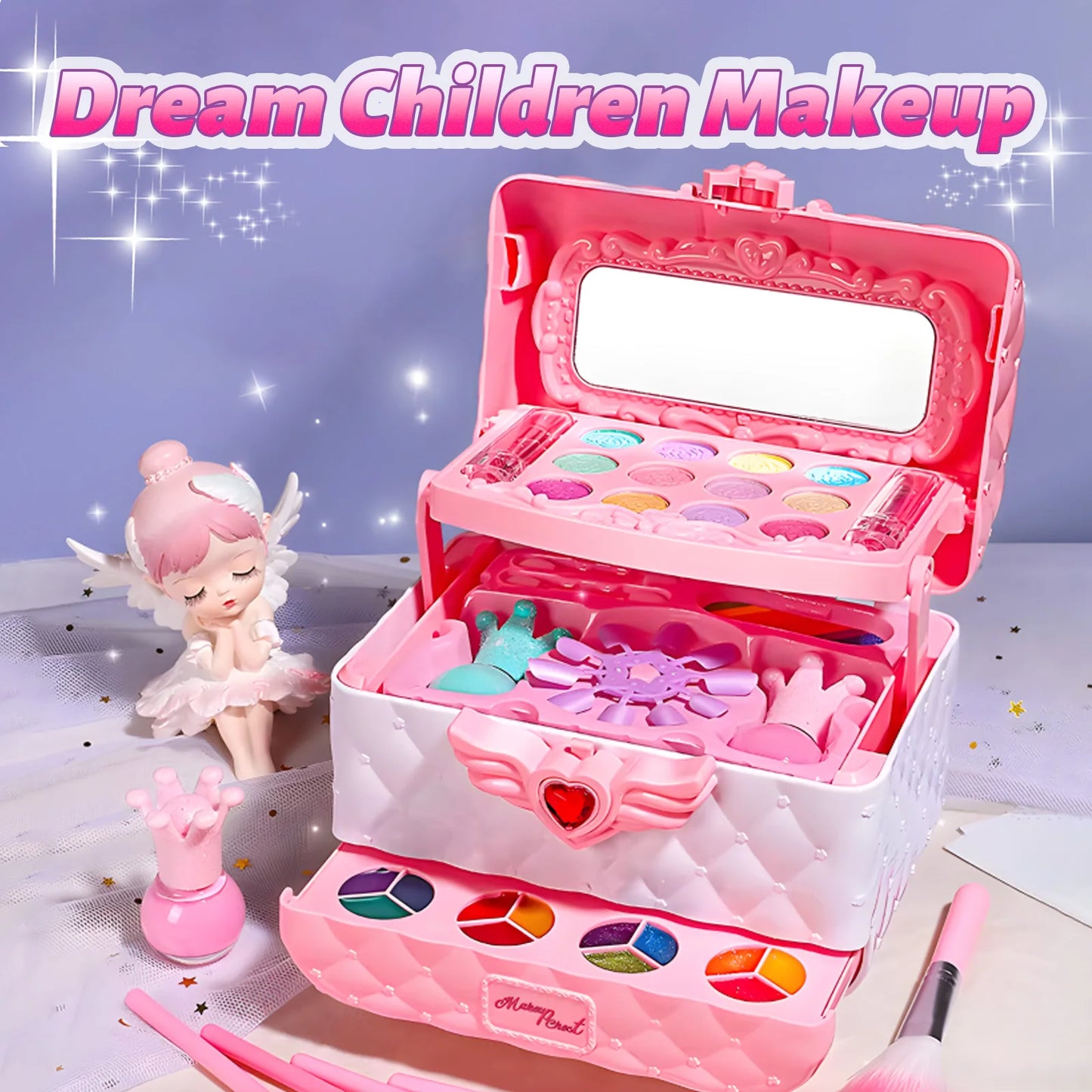 Kids Multi-Layer Foldable Makeup Set - Pretend Play Cosmetic Kit for Girls, Educational and Learning Toy with Storage Box