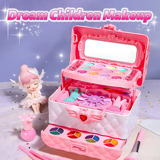 Kids Multi-Layer Foldable Makeup Set - Pretend Play Cosmetic Kit for Girls, Educational and Learning Toy with Storage Box