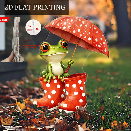 Colorful Frog and Flower Garden Stakes Set of 3 Whimsical 2D Flat Rain Boots and Umbrellas Design Outdoor Decor for Lawn and