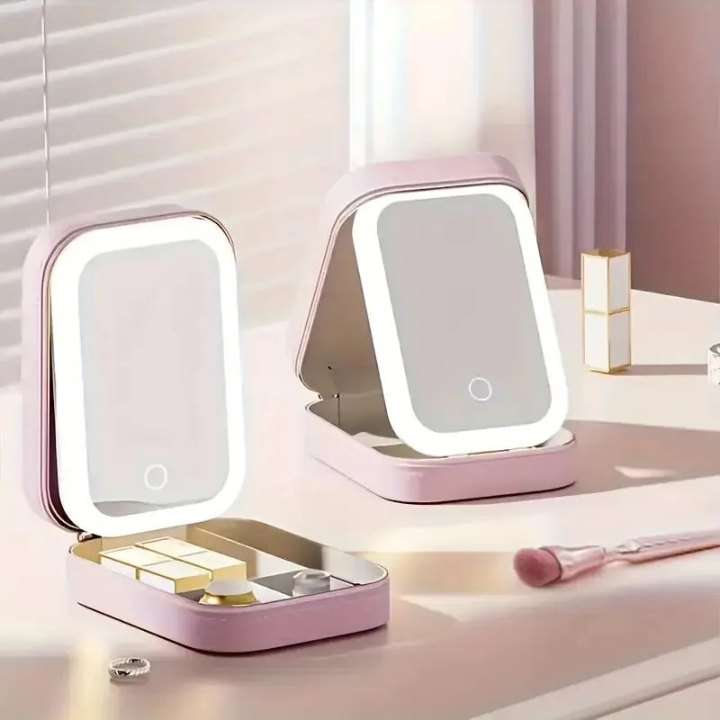 Portable USB Rechargeable LED Makeup Mirror, Pink Faux Leather Foldable Travel Cosmetic Organizer, Compact Beauty Case for Stude