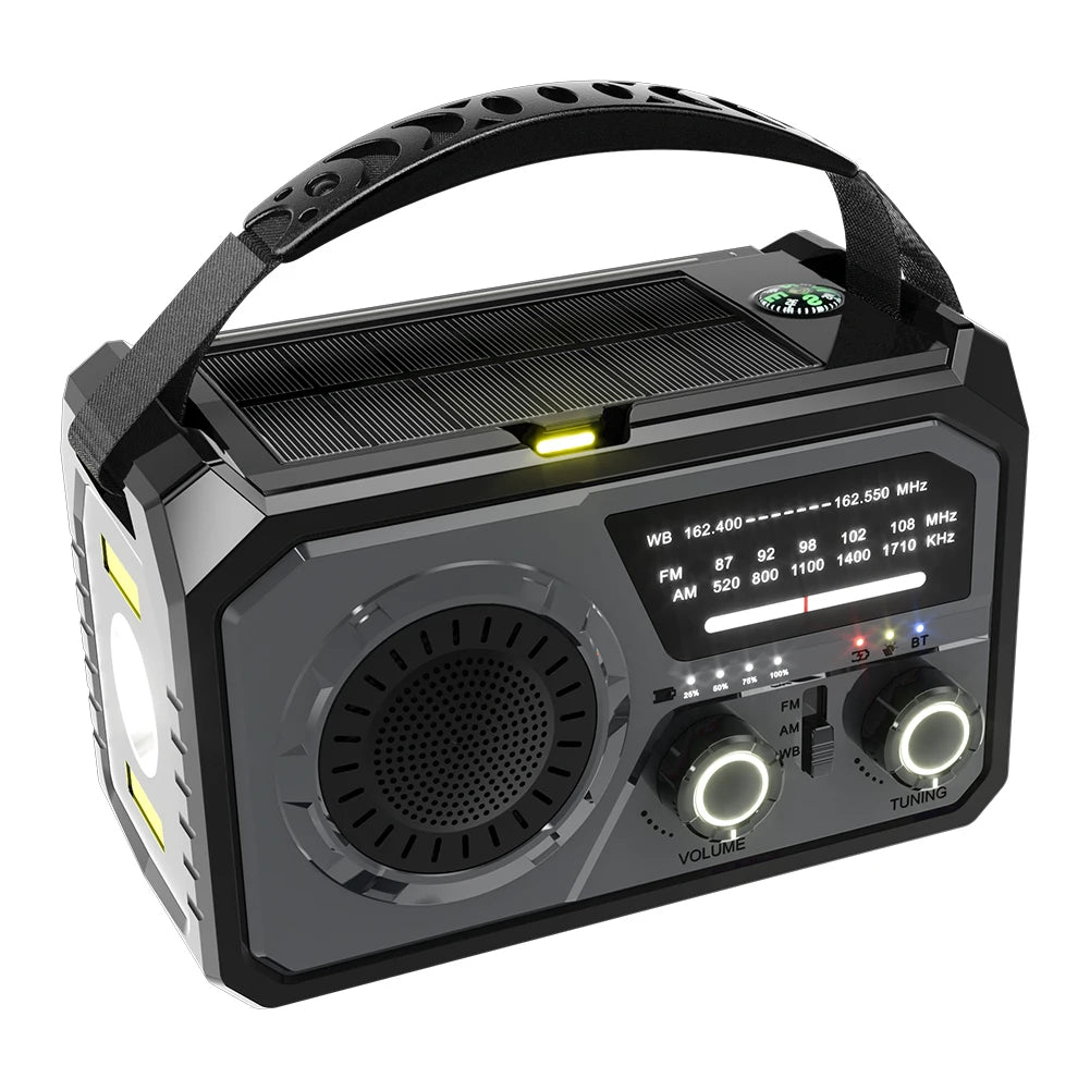 Emergency Weather Radio Bluetooth 5.3 Speaker Hand Crank/Solar/Type-C AM/FM/WB NOAA LED Flashlight 16000mAh Reading Lamp