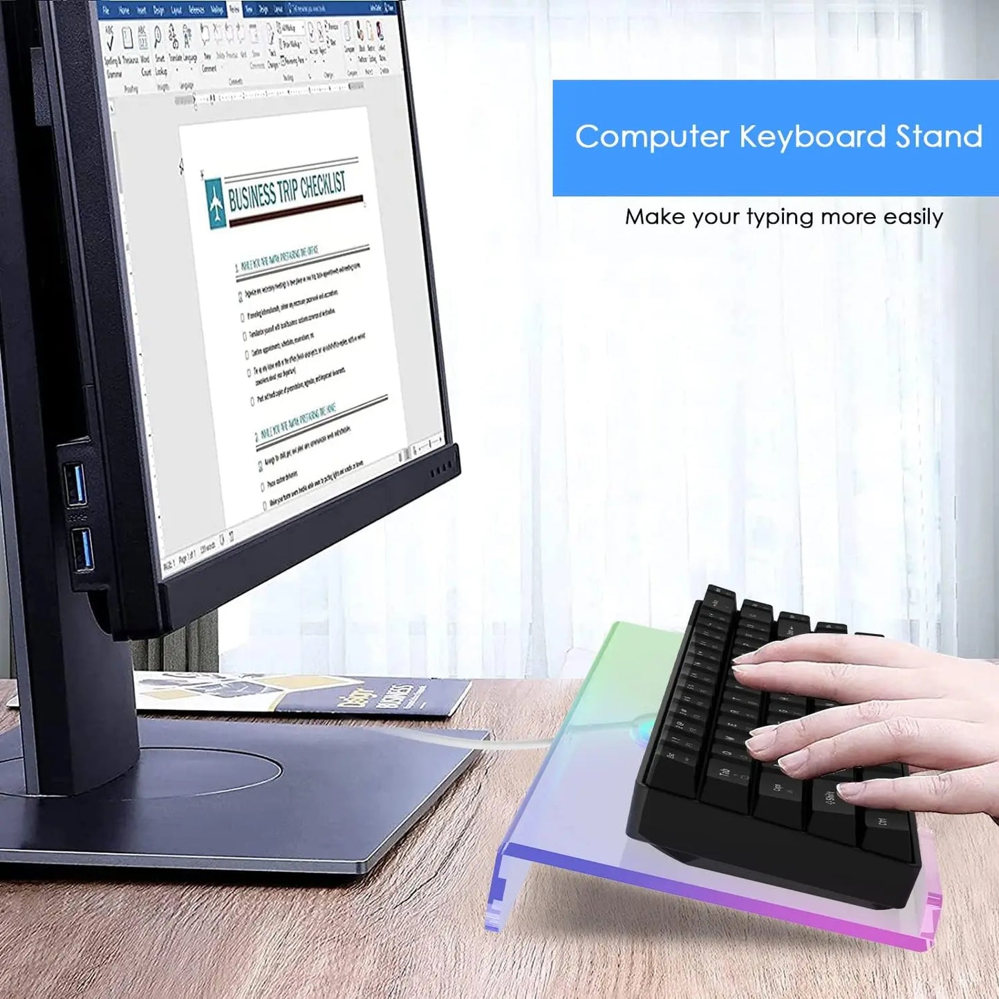 MAMBASNAKE Clear 366 Kinds RGB Acrylic Tilted Computer Keyboard Holder,PC Keyboard Stand Tray Holder for Easy Ergonomic Typing