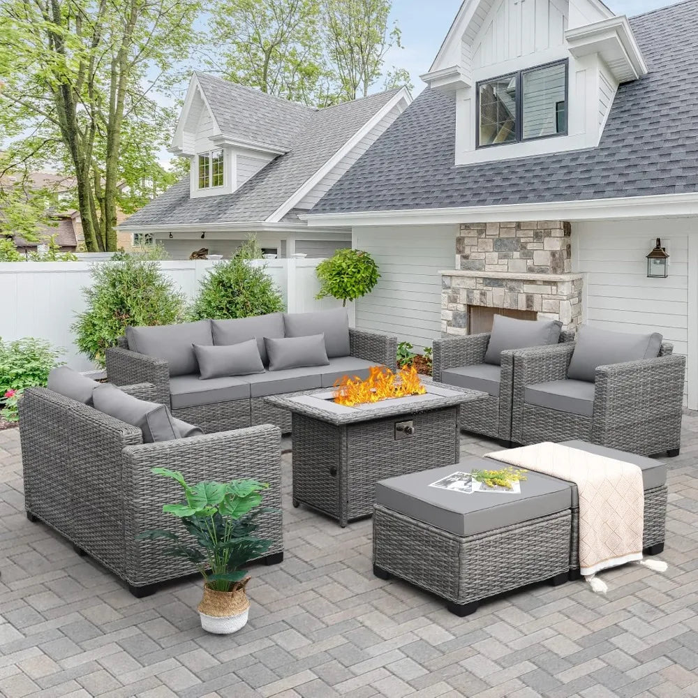 45-Inch 60,000 BTU Wicker Gas Fire Pit Table: Woodgrain Marble Top & Cover for Outdoor Use