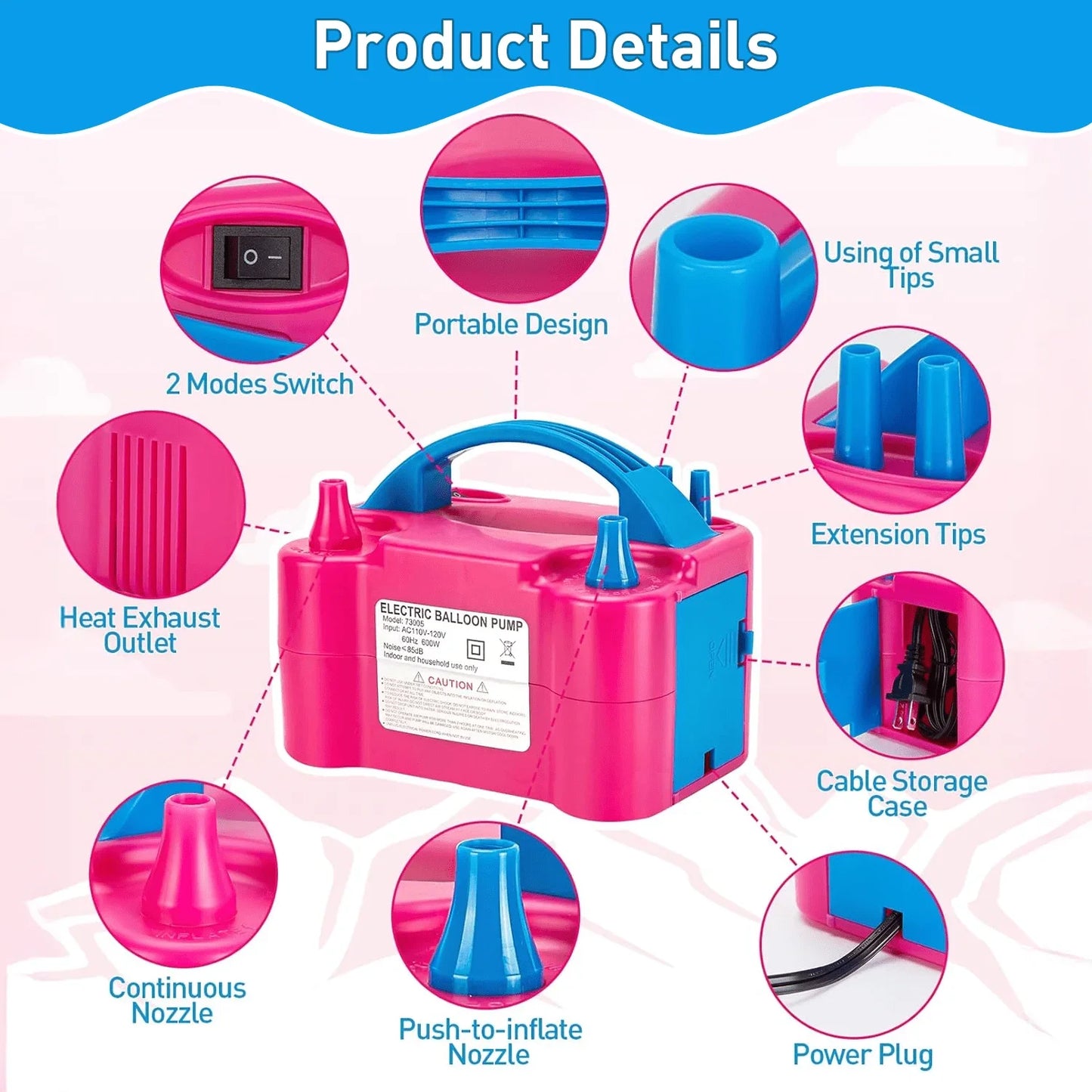 Double Nozzle Electric Balloon Inflation Pump 600W Portable Balloon Pump For Balloon Arches Parties Birthday Weddings