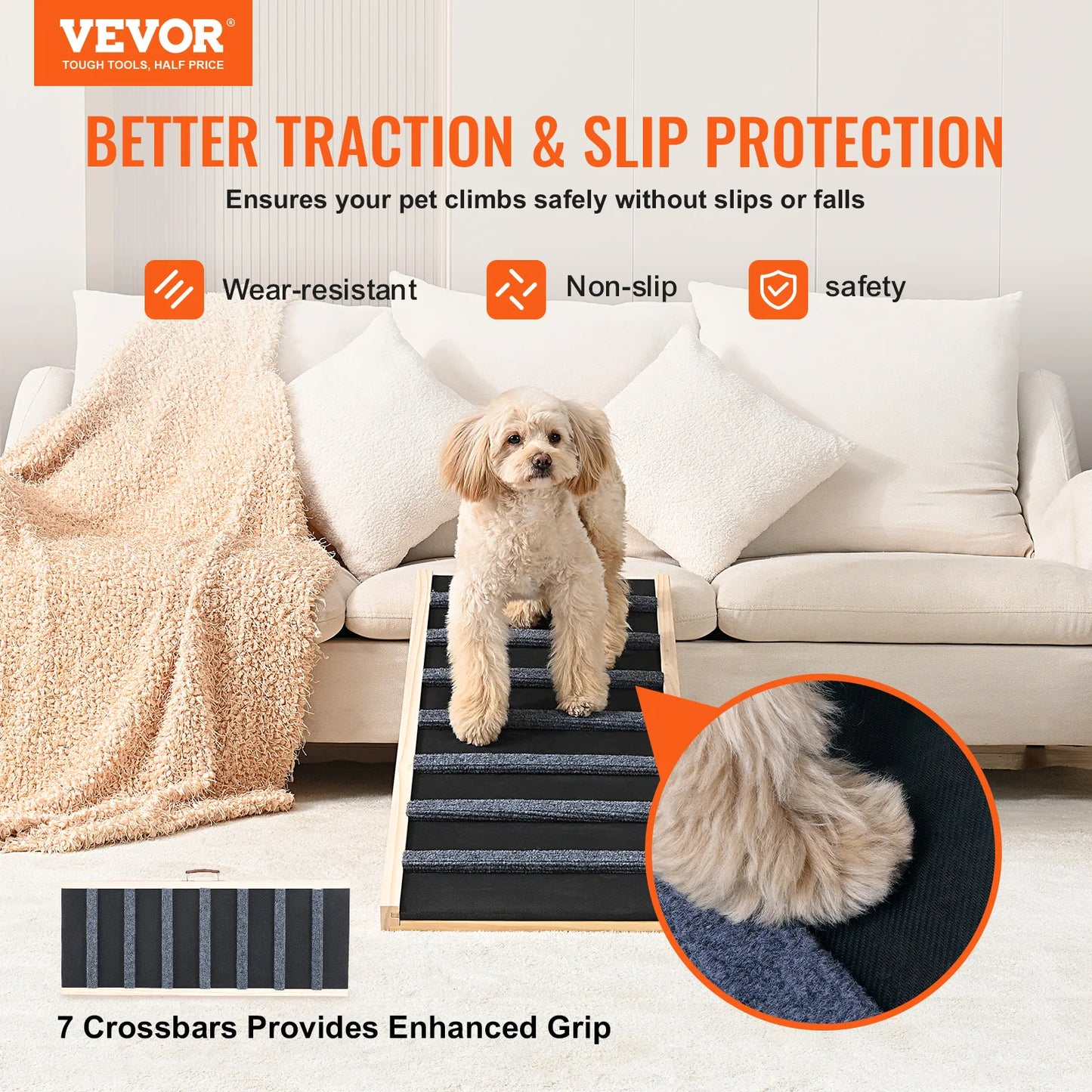 SucceBuy Dog Ramp Folding Ladder Anti-slip High Adjustable Wooden Pet Ramp Removable for Small Old Dog Climbing Stairs Sofa Car