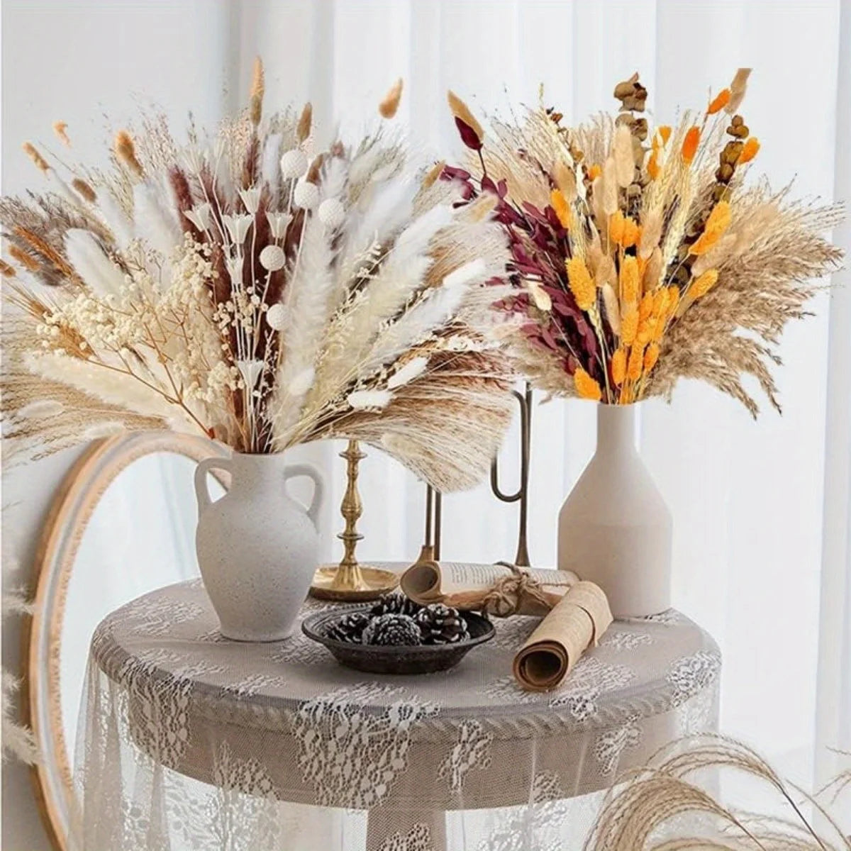109Pcs Natural Dried Pampas Grass Bouquet with Bunny Tails Dried Flowers Pompas for Boho Home Decor, Wedding Floral