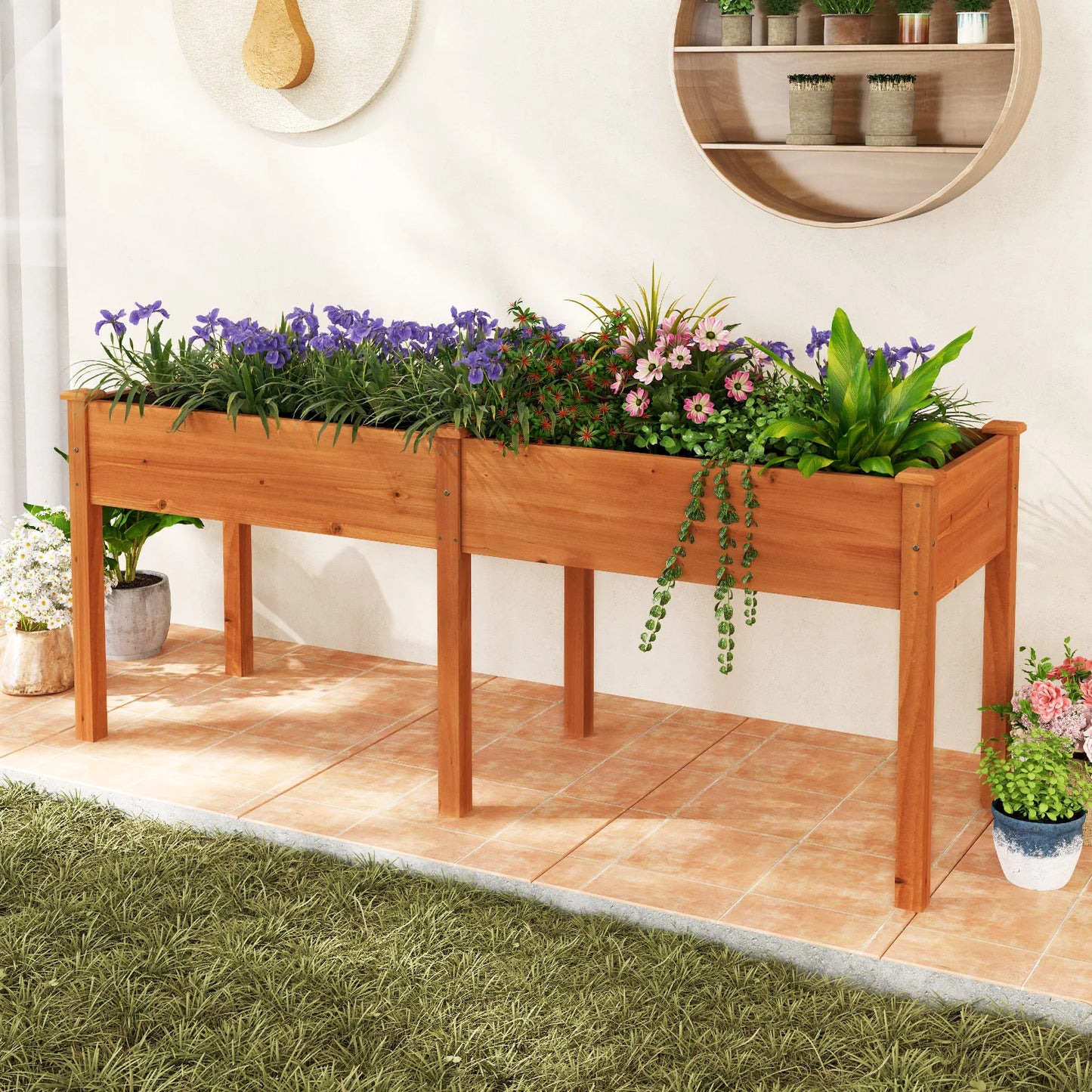 Outdoor Raised Garden Bed with Legs 73x23x30 Inches Wood Planter Box with Divider Panel