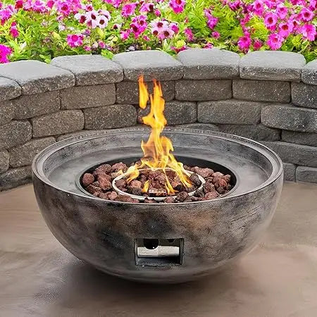 Concrete Fire Pit 31" Round Outdoor Patio Firepit Includes Lava Rocks, Industrial Style Fire Pits & Outdoor Fireplaces for Garde