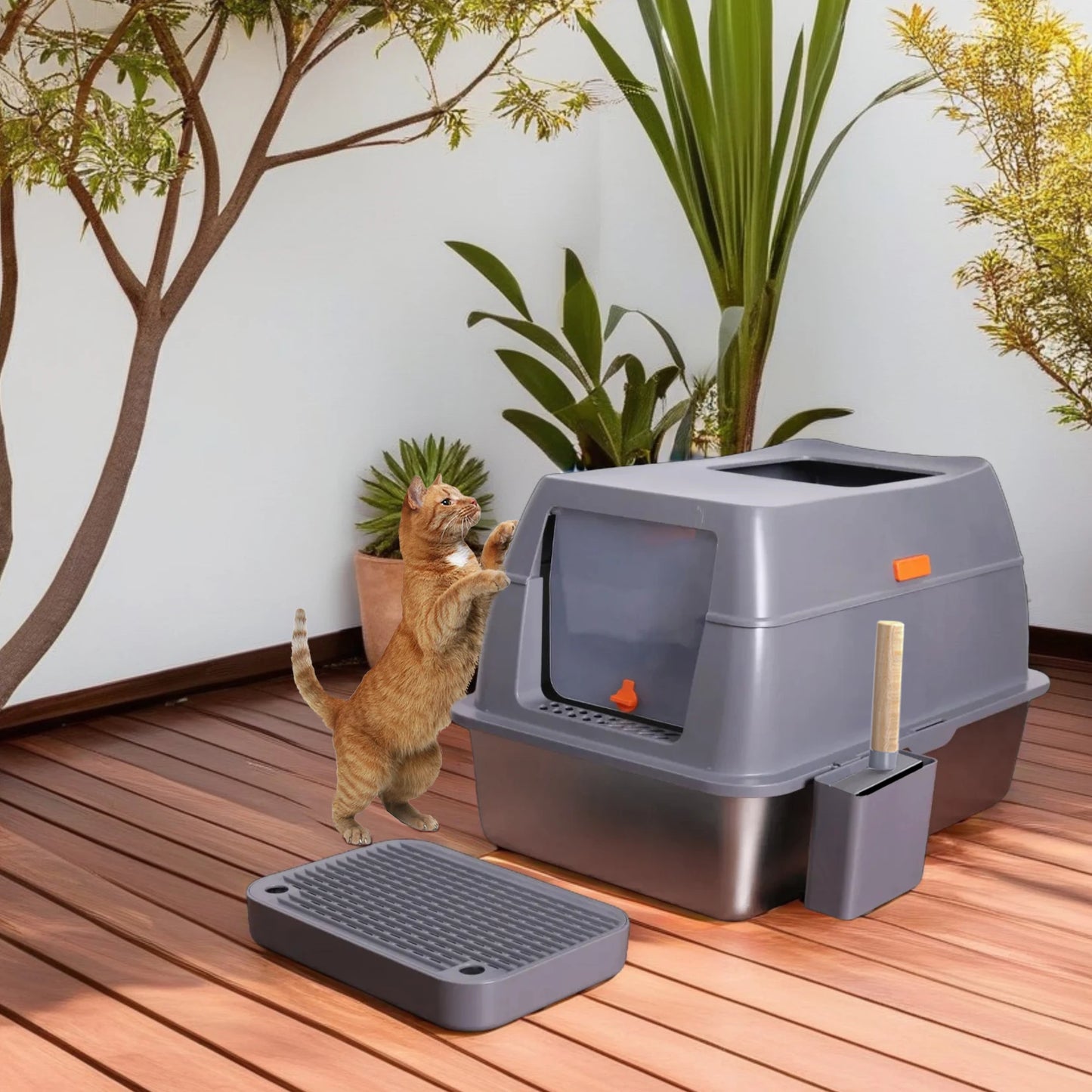 Enclosed Stainless Steel Cat Litter Box with Lid for Extra Large Cats Kitty Semi-open Design