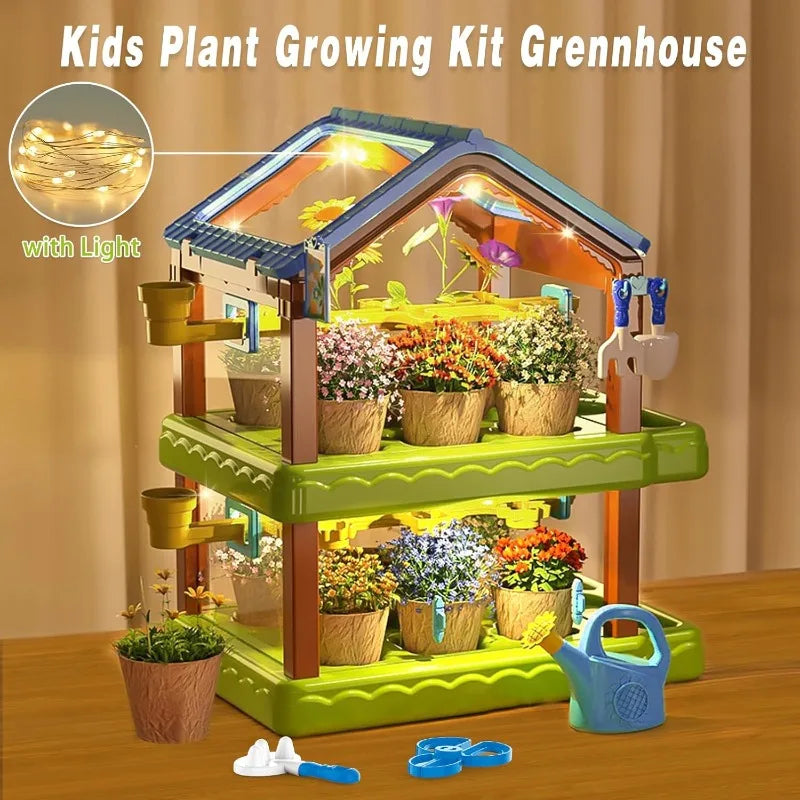 Kids Gardening Kit Greenhouse Growing Terrarium Kit, Kids Plant Growing kit, Kids Gardening Set with Garden Tools, Wateri