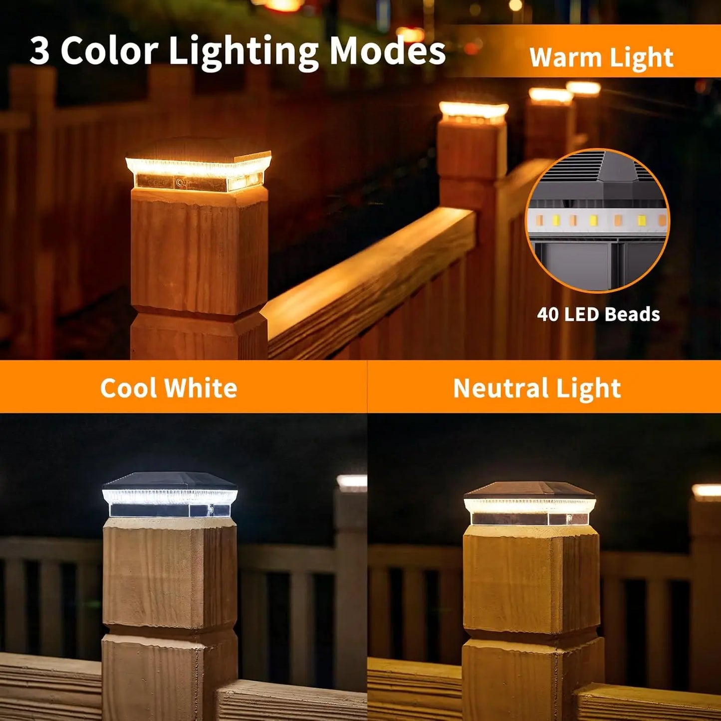 6 Pack 4x4 Solar Post Lights Outdoor 40 LEDs 30 Lumens with 3 Modes