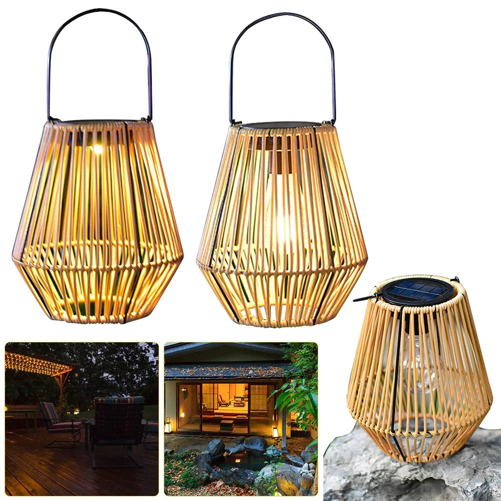 Outside Big Rattan Solar Light IP65 Waterproof Hanging/Standing Retro Rattan Solar Light with Handle for Garden Yard Patio Porch