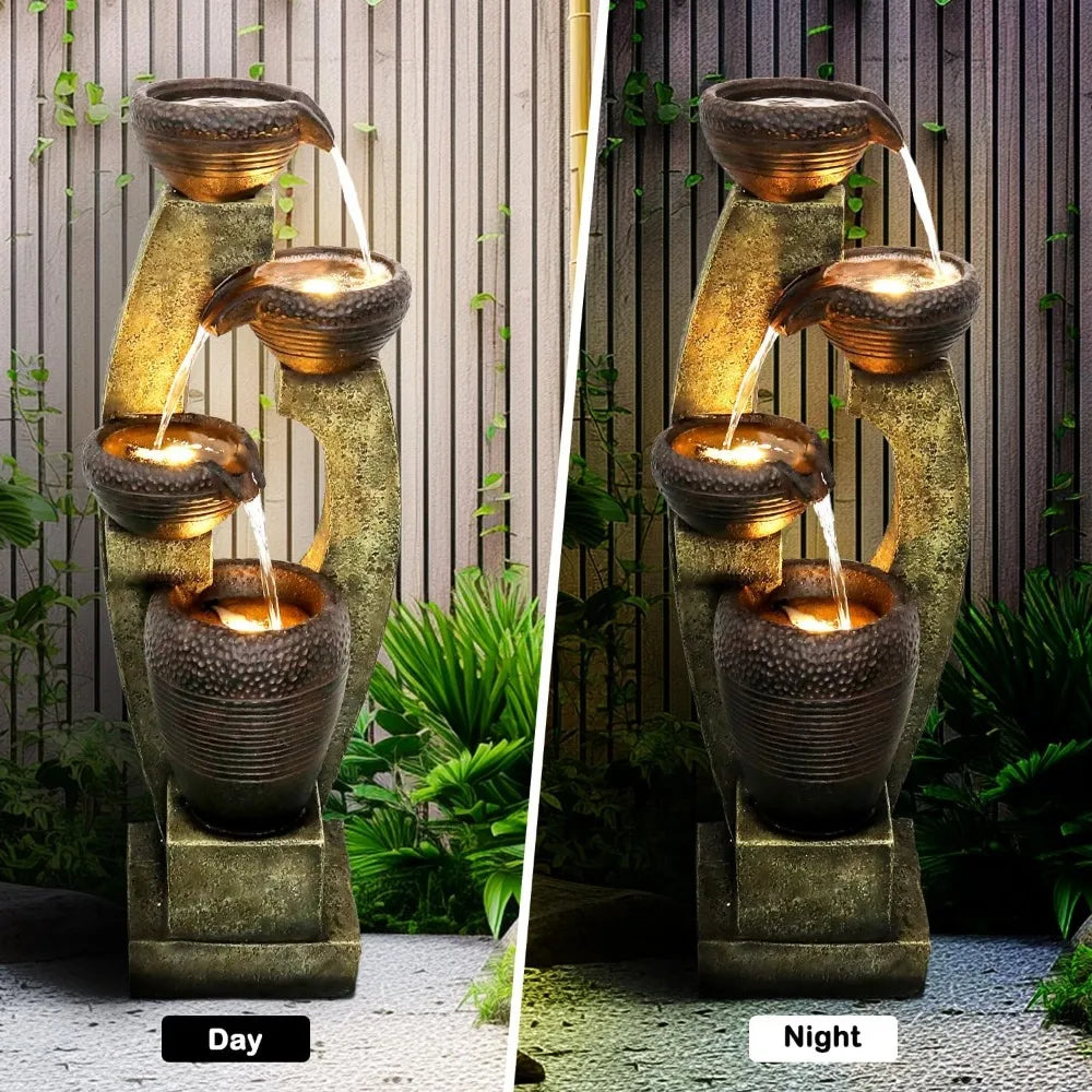 40” H Modern Outdoor Fountain - 4 Crocks Outdoor Garden Fountains with Contemporary Design&LED Light for Garden, Patio, Deck, P