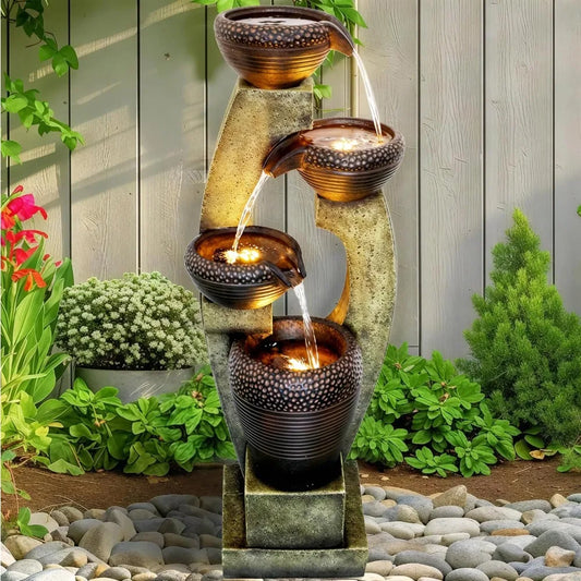 40” H Modern Outdoor Fountain - 4 Crocks Outdoor Garden Fountains with Contemporary Design&LED Light for Garden, Patio, Deck, P