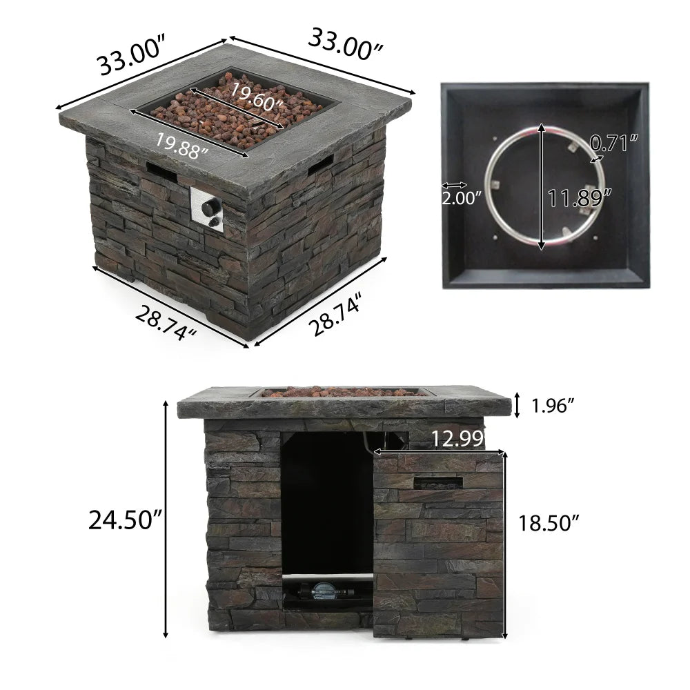 35 Inch Square MGO Fire Pit 40000 BTU Lightweight Concrete Outdoor Propane Fire Pit with Tank Space for Patio Garden Backyard