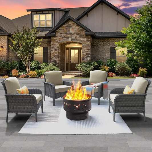 4 Patio Set With 30 Inch Fire Pit Table And Wicker Chairs