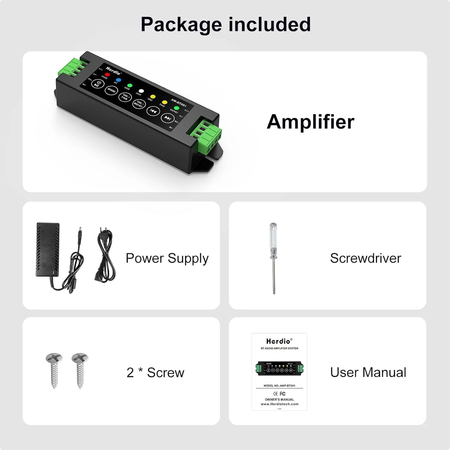 Herdio 4-Channel Bluetooth Amplifier 200W Power Output With 24V5A AC-DC Power Supply Wall Mount USB/MIC/AUX For Passive Speakers