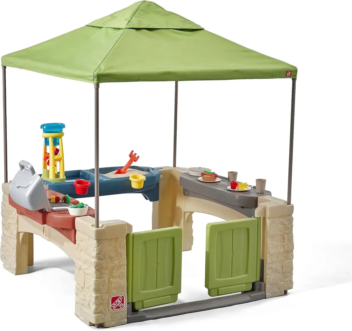 camping All Around Playtime Patio with Canopy, Kids Indoor/Outdoor , Made of Durable Plastic, Includes 16 Piece Toy Accessories,
