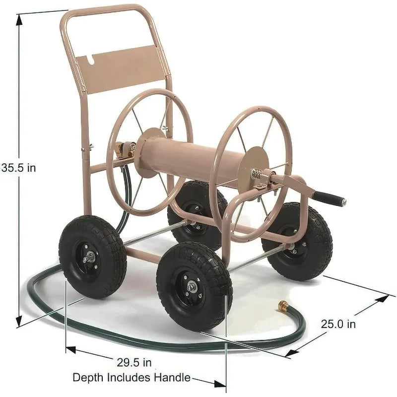 Industrial 4 Wheel 300 Foot of 0.625 Inch Hose Steel Frame Water Hose Reel Cart for Backyard, Garden, or Lawn, Beige