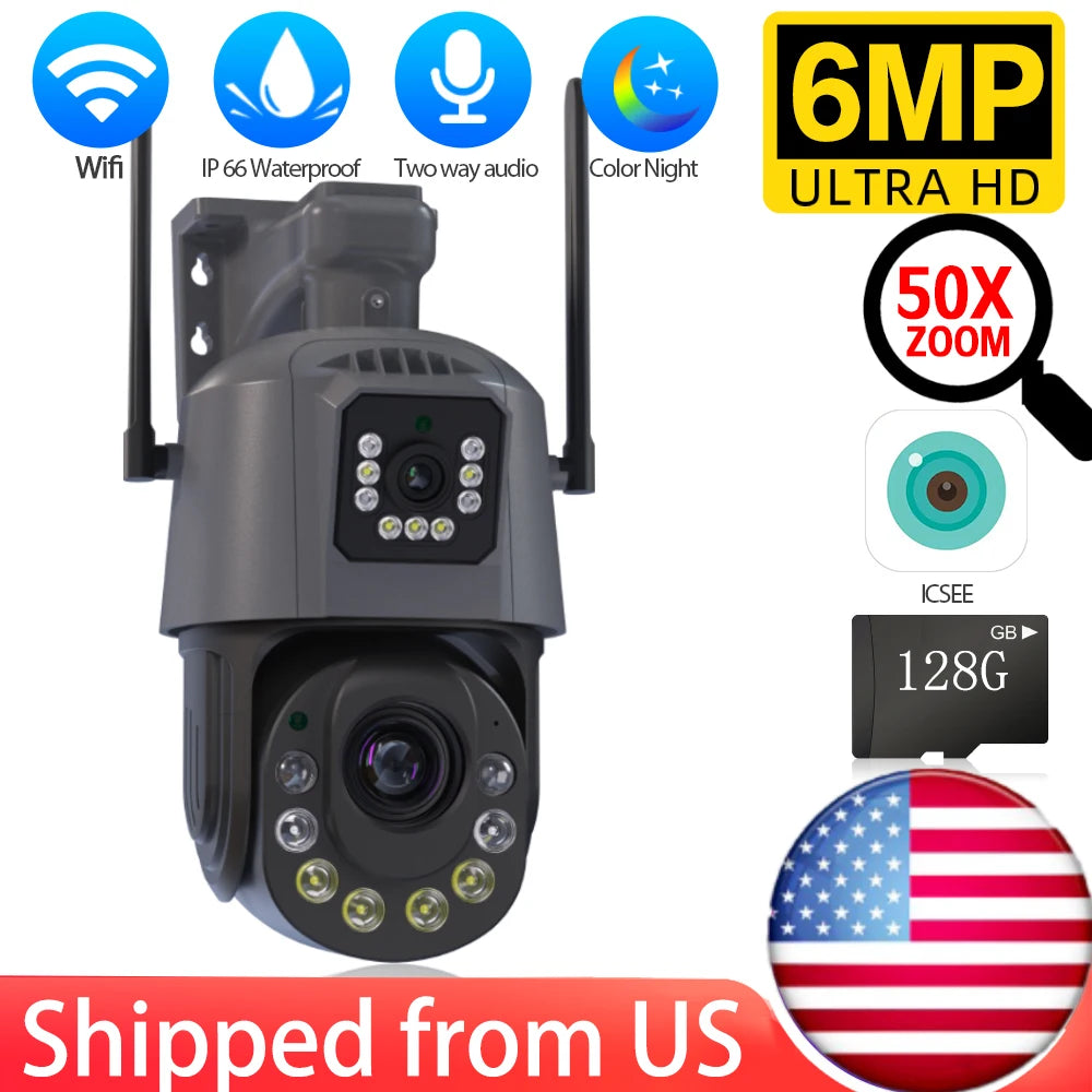 50X Optical Zoom Dual Lens PTZ Wifi Camera Outdoor Audio 150-200M 6MP Color NightVision IP Camera iCsee With 128G TF Card P2P
