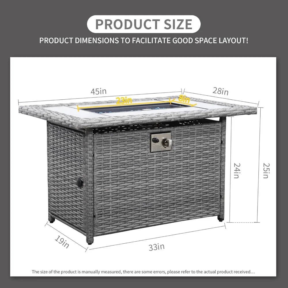 45-Inch 60,000 BTU Wicker Gas Fire Pit Table: Woodgrain Marble Top & Cover for Outdoor Use