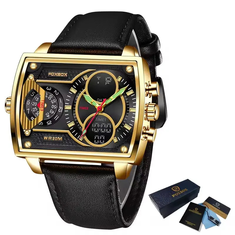 LIGE Digital Mens Square Military Watch Leather Band