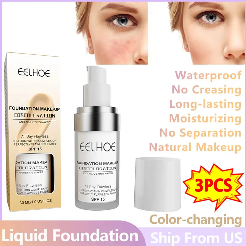 3pcs Color Changing Foundation Liquid Brighten Skin Tone Concealer High Full Coverage Face Moisturizing Waterproof Base Makeup