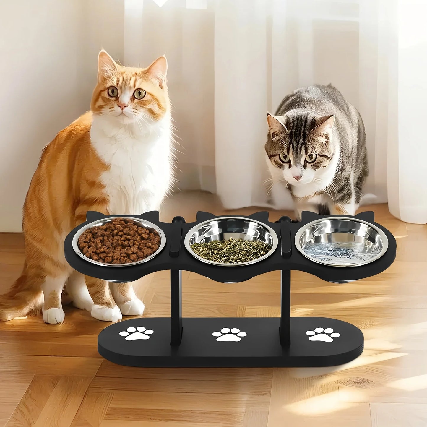 Elevated Tilted Cat Bowls 15 Degree Tilt With Wooden Stand Anti Vomiting 3 Stainless Steel Bowls For Cats And Puppies