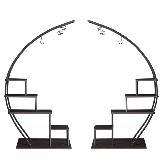 Artisasset 2pcs 5 Layers Semicircle Iron Wood Suitable For Garden Balcony Patio Lawn Home Decoration Plant Stand Flower Pot Stan