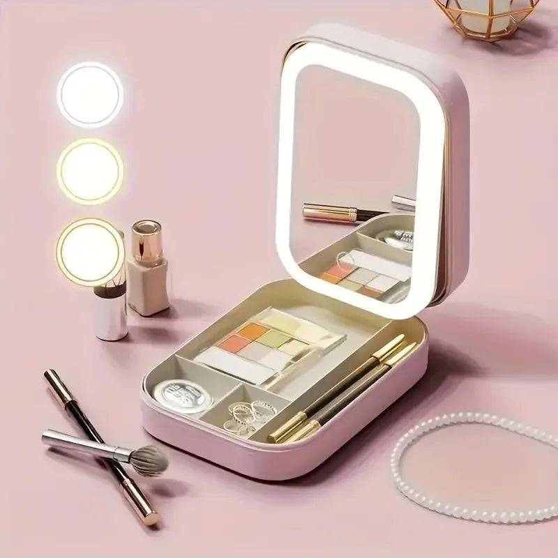 Portable USB Rechargeable LED Makeup Mirror, Pink Faux Leather Foldable Travel Cosmetic Organizer, Compact Beauty Case for Stude