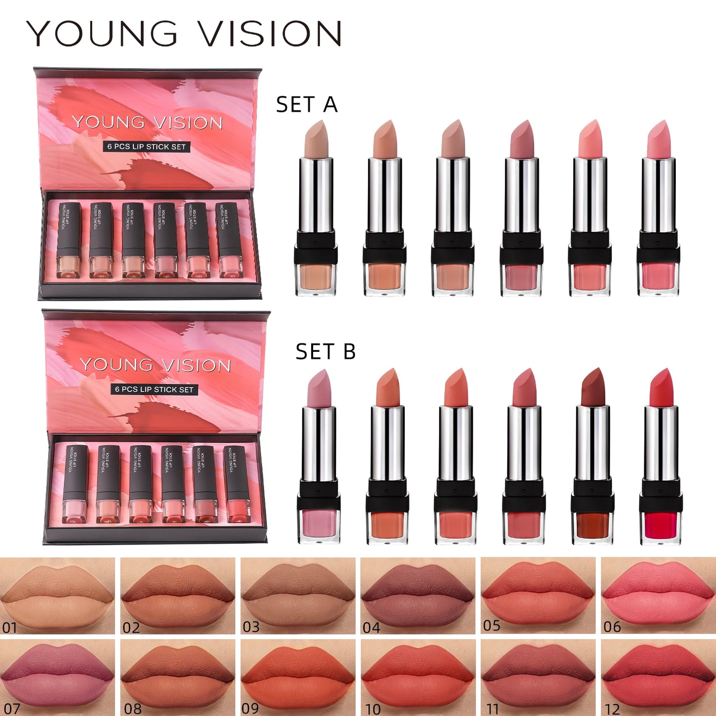YOUNG VISION 6 Matte Velvet Lipstick Set Waterproof Non-Fade Silky Mud Feeling White Thin Translucent Light Lip Glaze Set