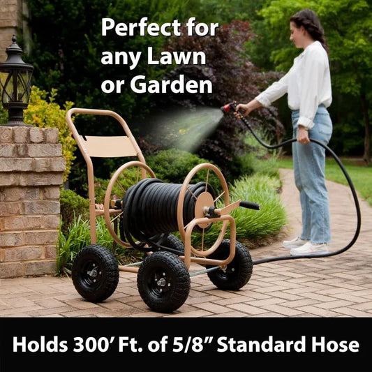 Industrial 4 Wheel 300 Foot of 0.625 Inch Hose Steel Frame Water Hose Reel Cart for Backyard, Garden, or Lawn, Beige