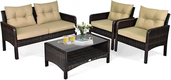 4 Pieces Rattan Patio Conversation Set with Chairs Loveseat Cushions and Glass Top Coffee Table