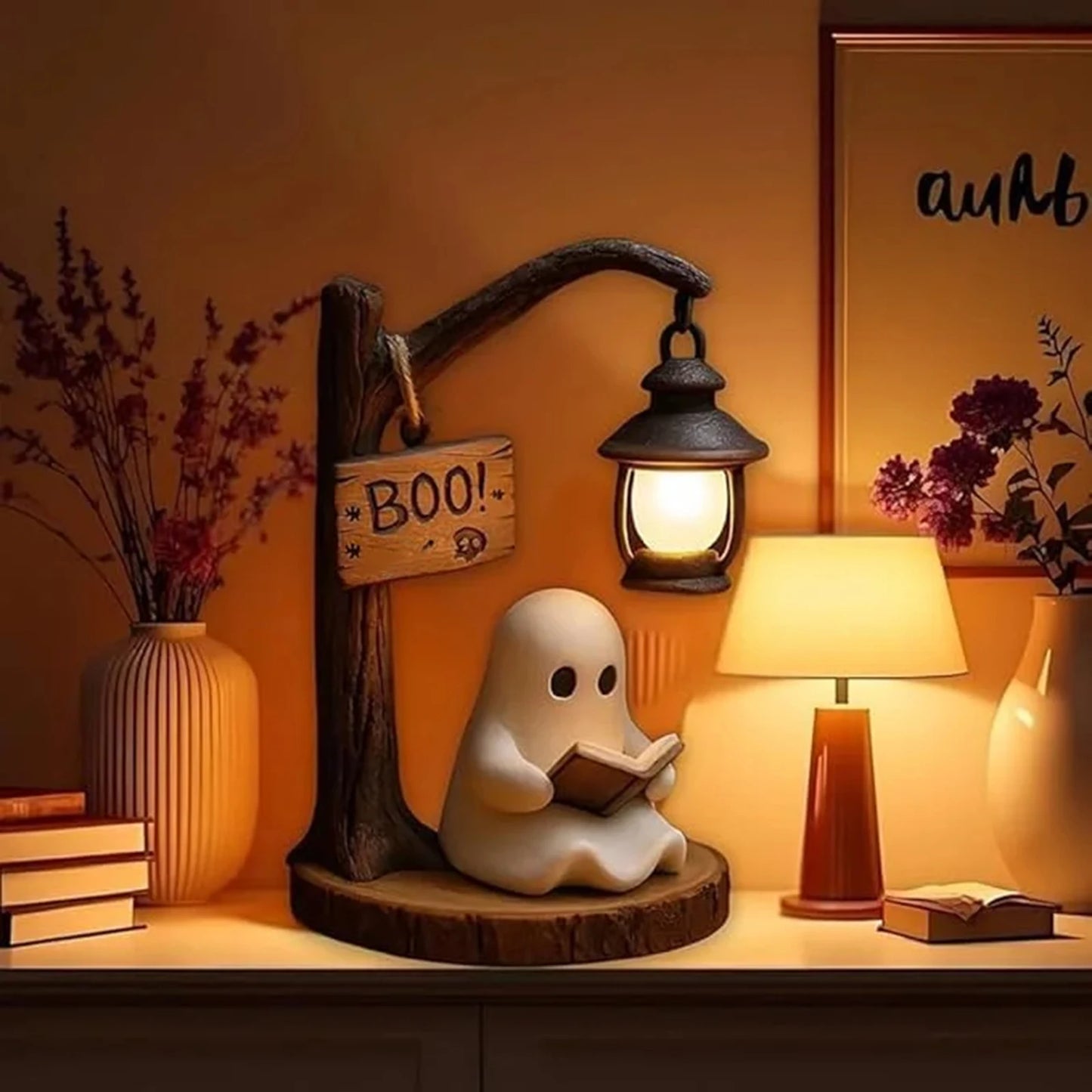 Cute Ghost Reading Desktop Ornament Halloween Resin Decoration Creative Home Decor Festive Atmosphere Arrangement