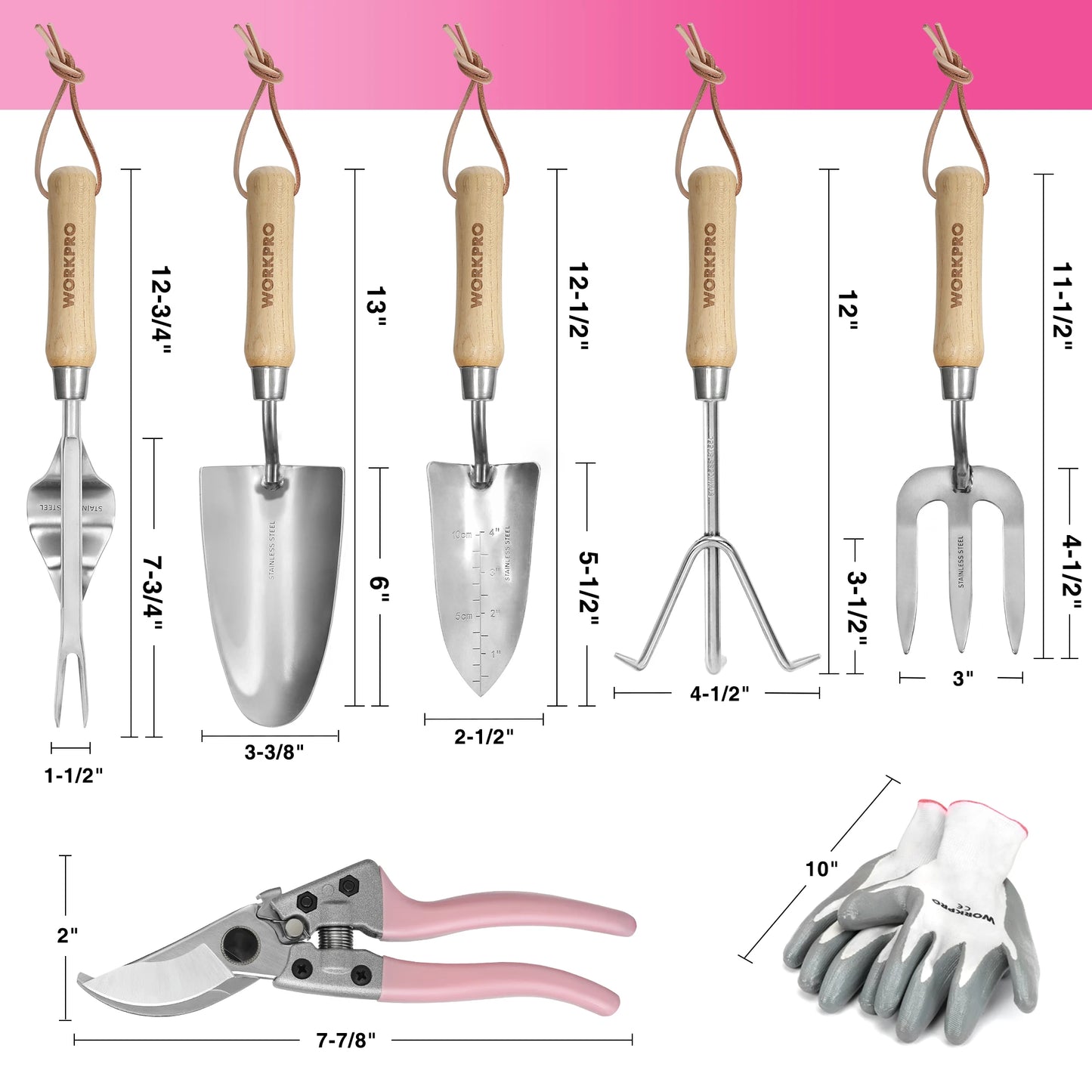WORKPRO 8-Piece Pink Garden Tool Set Stainless Steel Gardening Tools with Wood Handle Including Tote Gloves Trowel