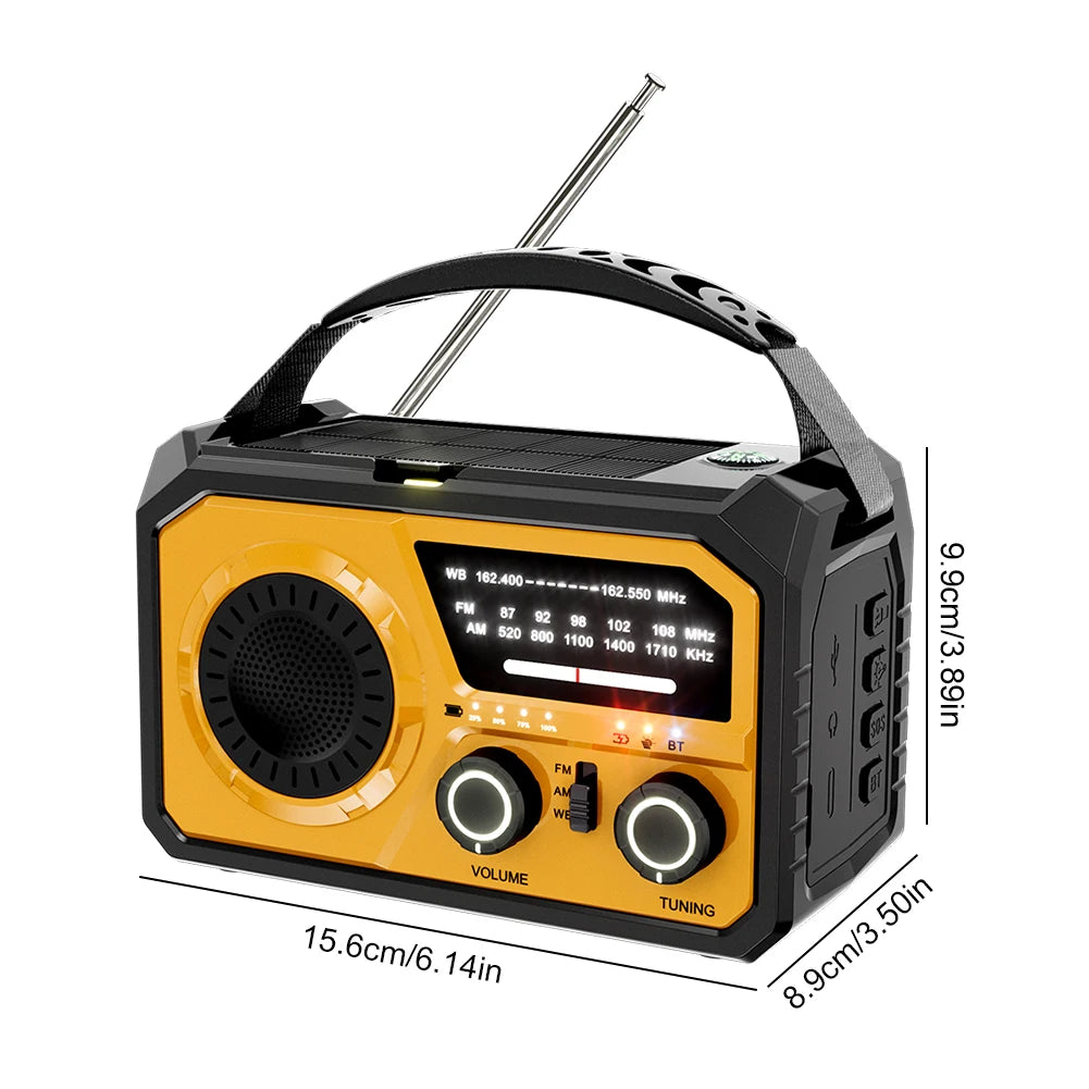 Emergency Weather Radio Bluetooth 5.3 Speaker Hand Crank/Solar/Type-C AM/FM/WB NOAA LED Flashlight 16000mAh Reading Lamp