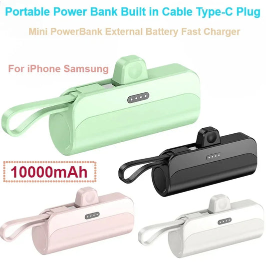 Mini PowerBank External Battery Fast Charger for IPhone Samsung Xiaomi 10000mAh Portable Power Bank Built in Cable Type-C Plug