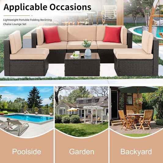 Six Piece Patio Garden Set With PE Rattan Glass Table