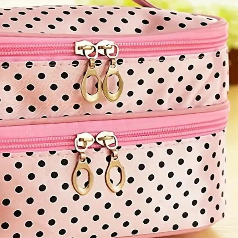 Double Layer Makeup Bag for Travel with Brush Storage & Handle - Polka Dot Toiletry Pouch for Women, Spacious Cosmetic Organizer