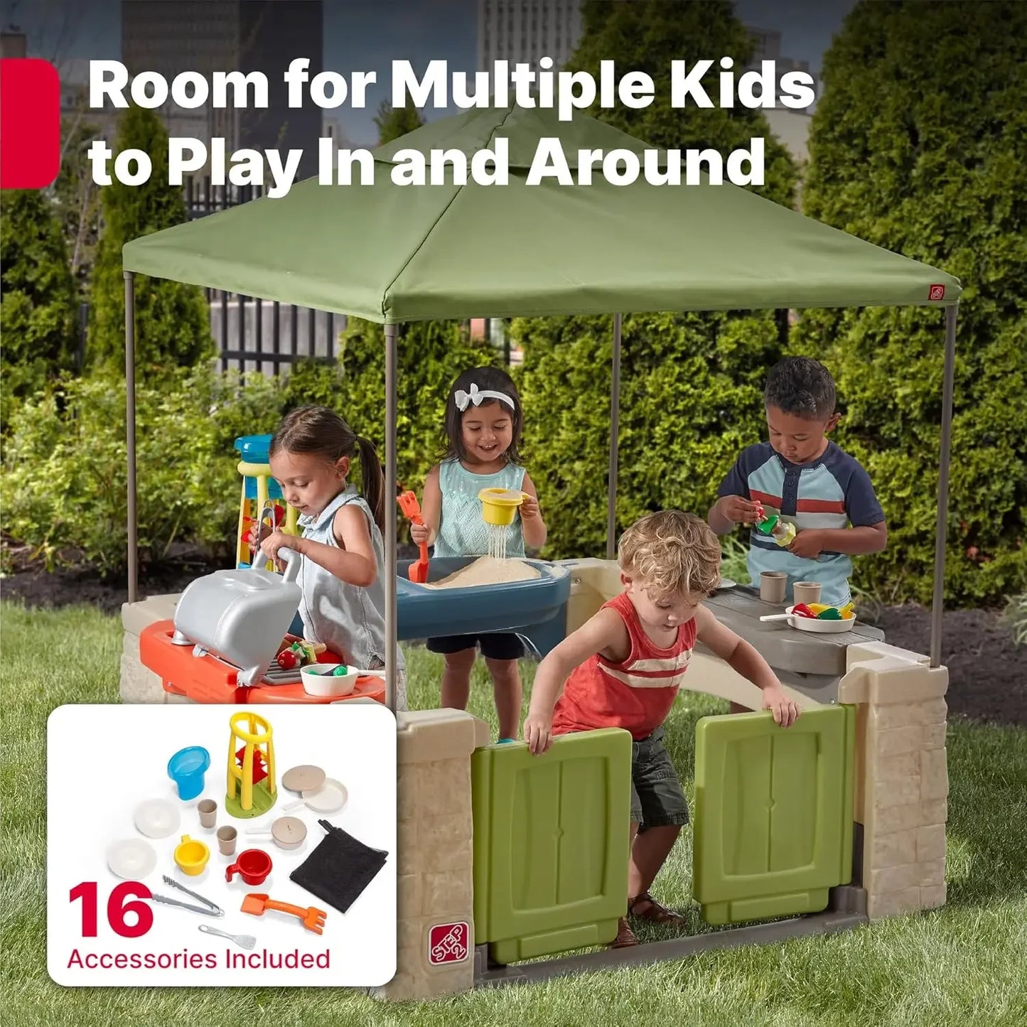 camping All Around Playtime Patio with Canopy, Kids Indoor/Outdoor , Made of Durable Plastic, Includes 16 Piece Toy Accessories,
